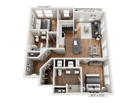 Floor plan for 2 beds, 2 baths, 1079 sqft